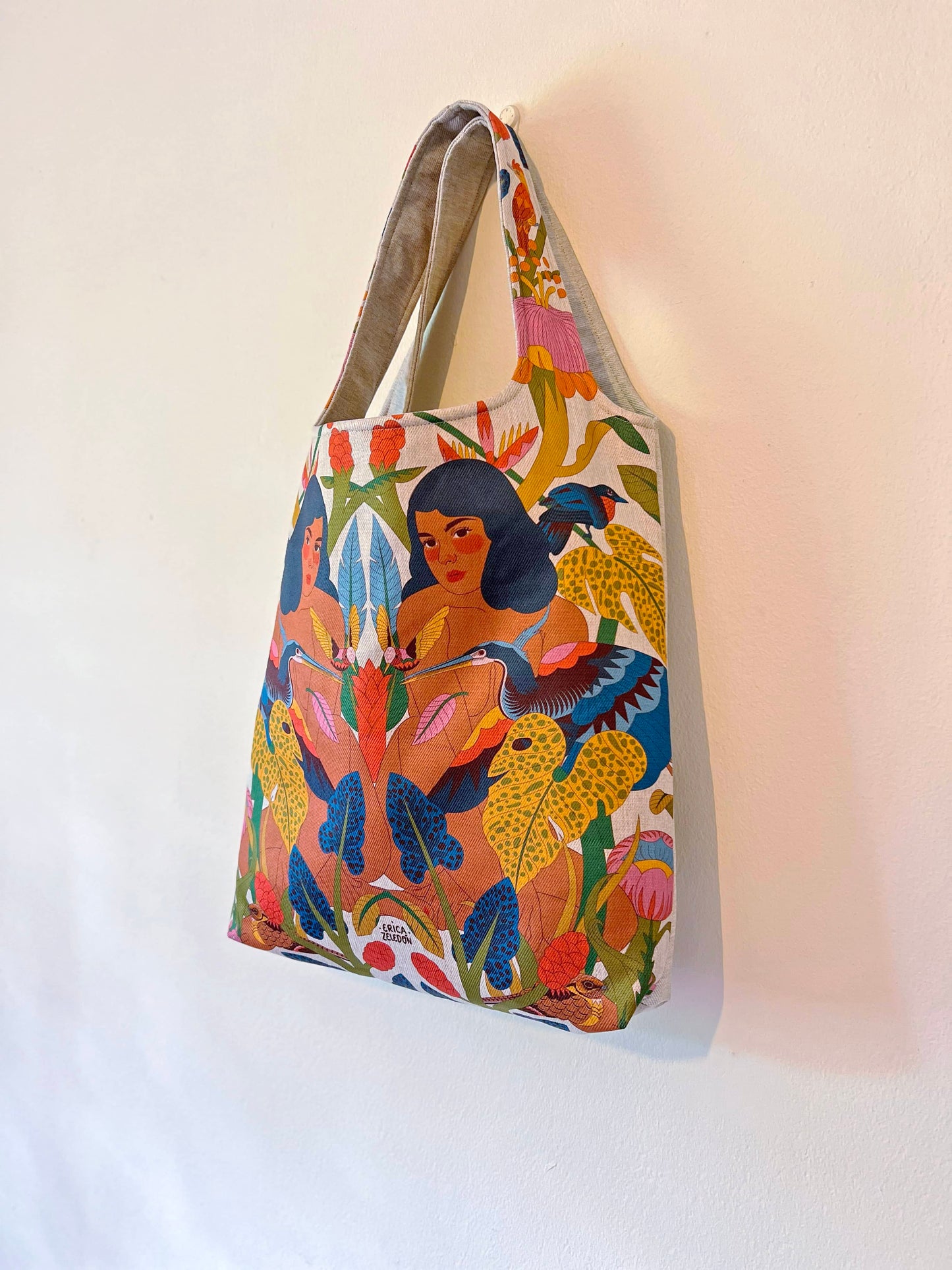 Bolso grande - Aves del Paraíso - Mujer y garza agami